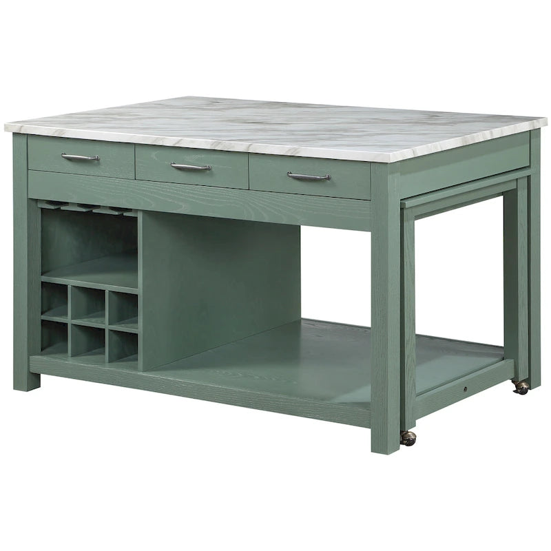 Îlot de cuisine en bois de ferme multi-rangements avec plateau en faux marbre