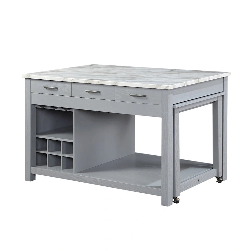 Îlot de cuisine en bois de ferme multi-rangements avec plateau en faux marbre