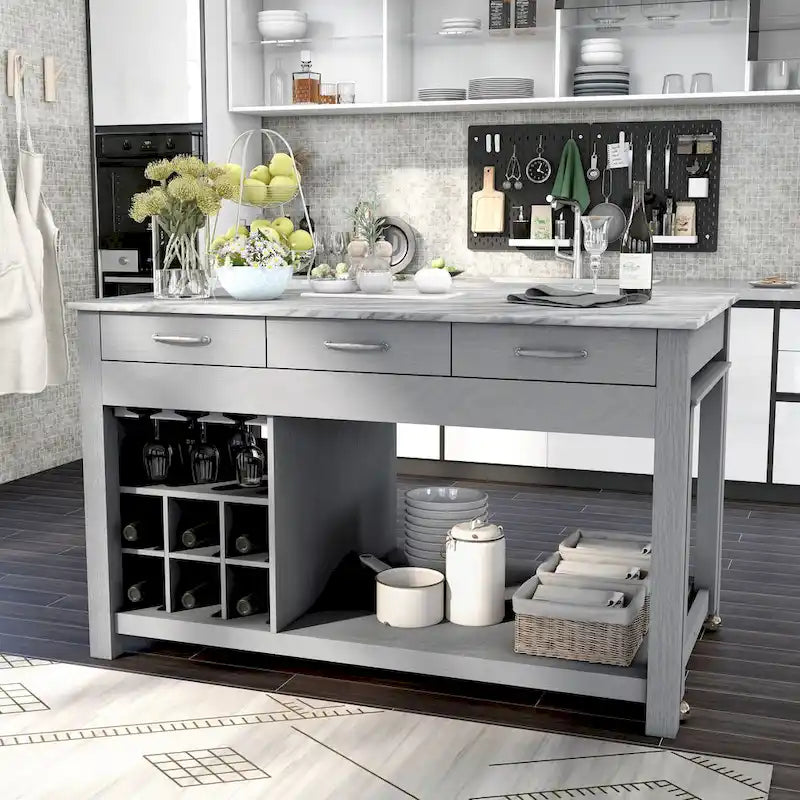 Îlot de cuisine en bois de ferme multi-rangements avec plateau en faux marbre