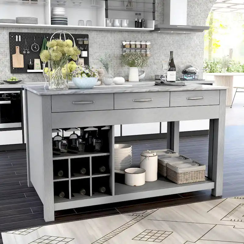 Îlot de cuisine en bois de ferme multi-rangements avec plateau en faux marbre