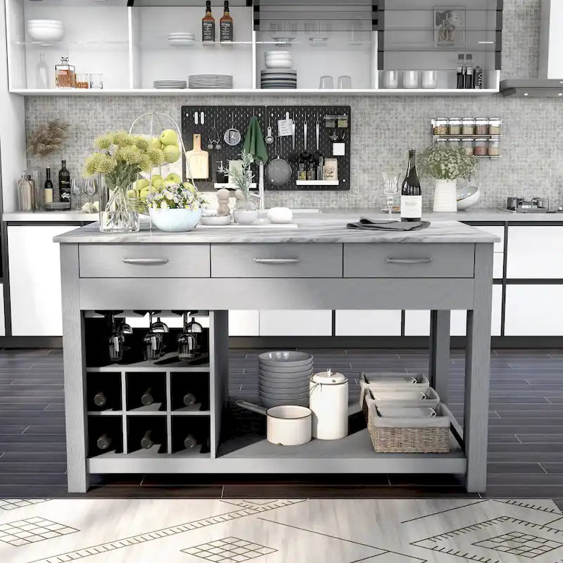 Îlot de cuisine en bois de ferme multi-rangements avec plateau en faux marbre