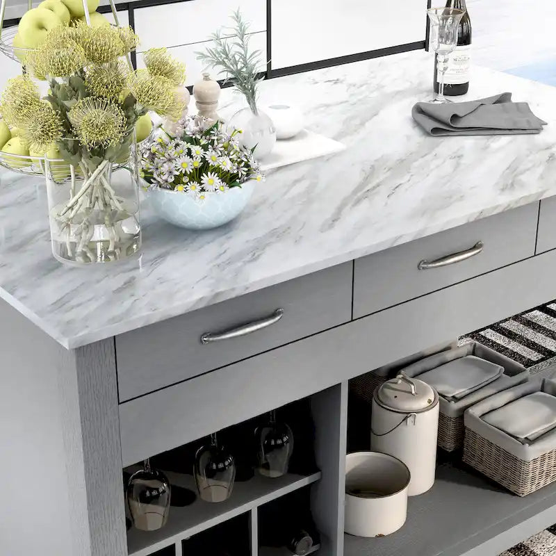 Îlot de cuisine en bois de ferme multi-rangements avec plateau en faux marbre