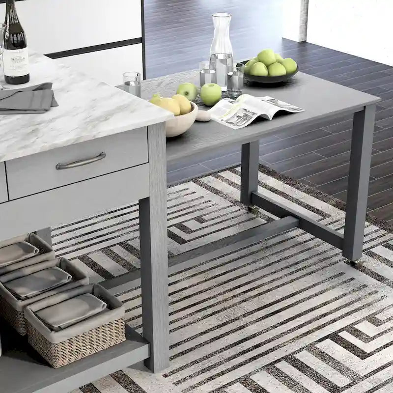 Îlot de cuisine en bois de ferme multi-rangements avec plateau en faux marbre