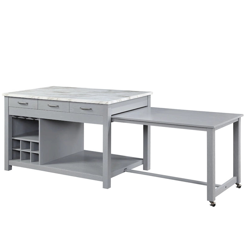 Îlot de cuisine en bois de ferme multi-rangements avec plateau en faux marbre