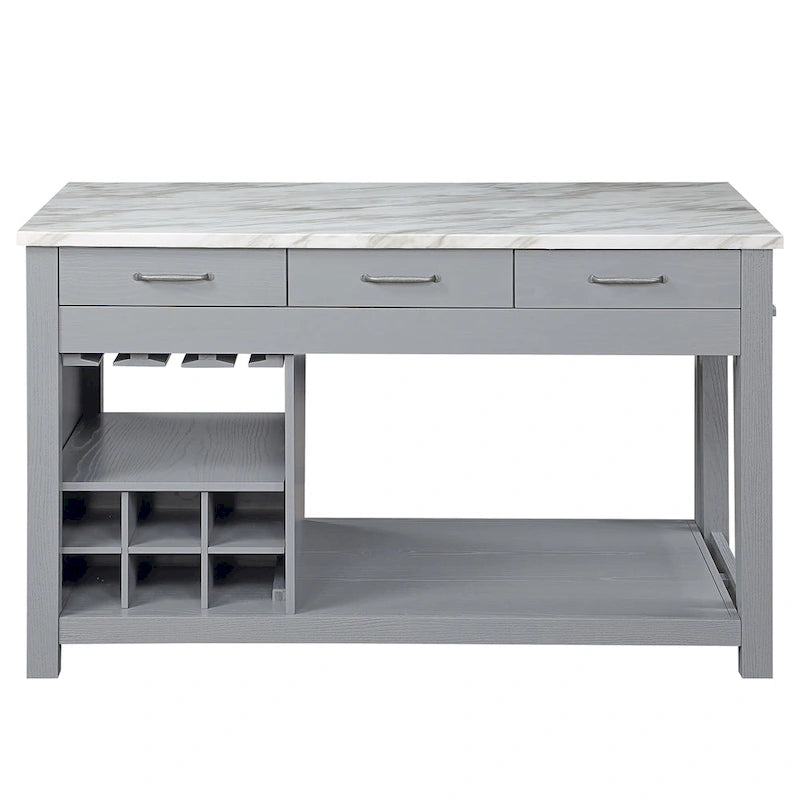Îlot de cuisine en bois de ferme multi-rangements avec plateau en faux marbre
