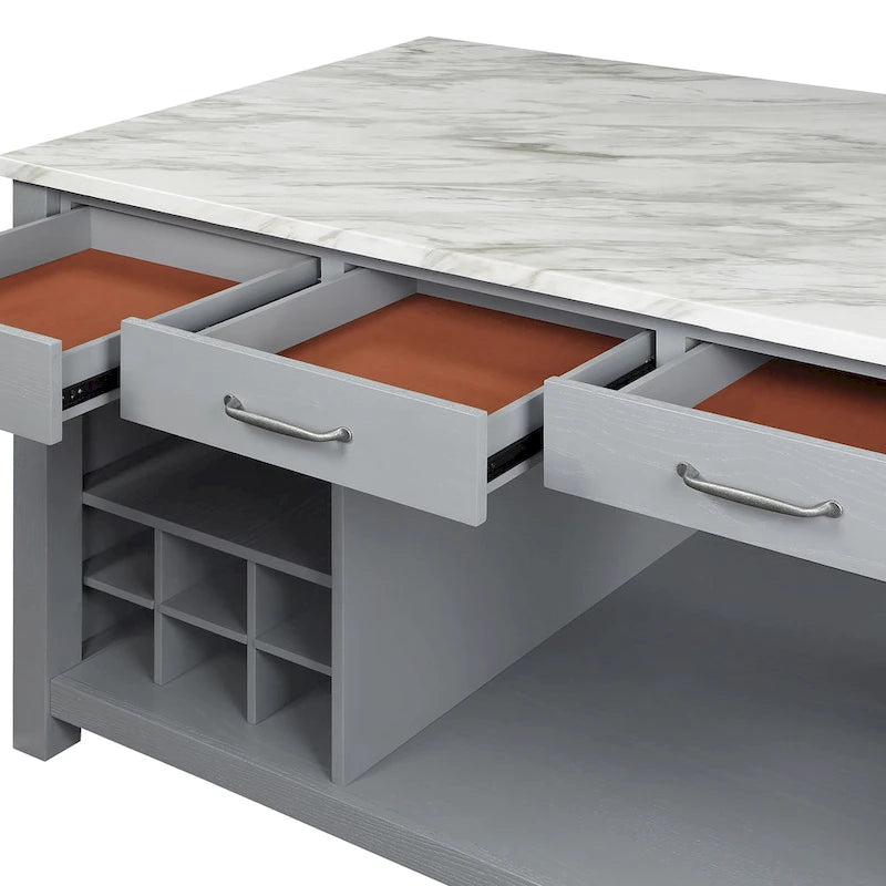 Îlot de cuisine en bois de ferme multi-rangements avec plateau en faux marbre