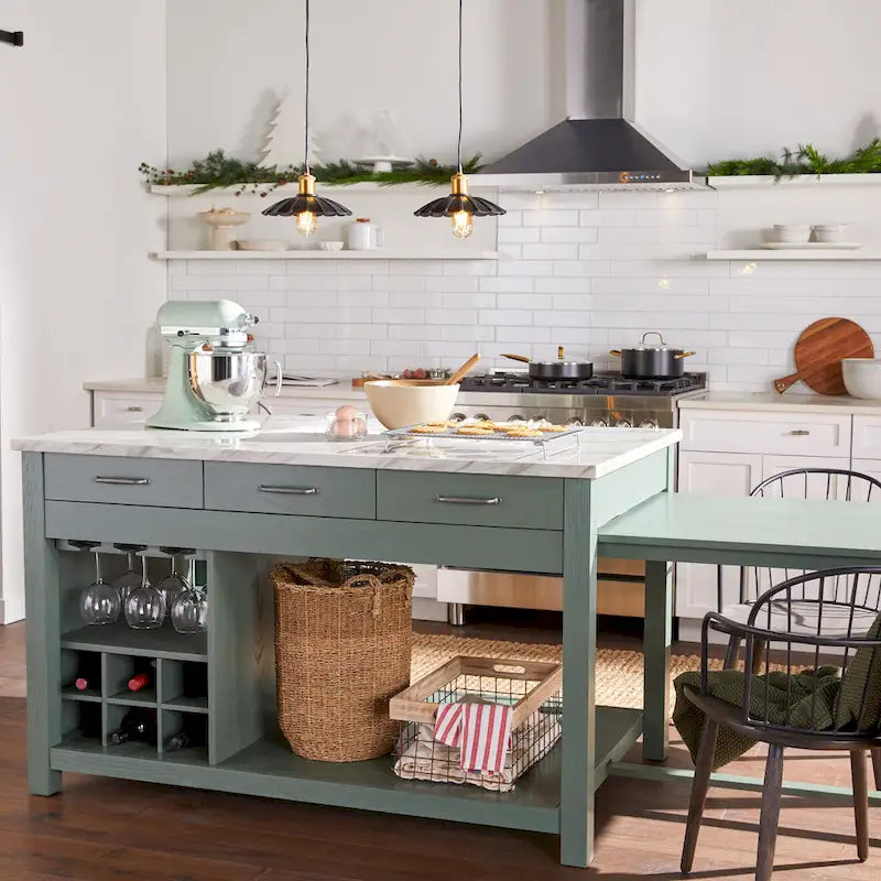 Îlot de cuisine en bois de ferme multi-rangements avec plateau en faux marbre