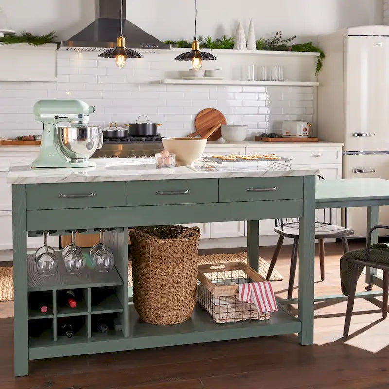 Îlot de cuisine en bois de ferme multi-rangements avec plateau en faux marbre