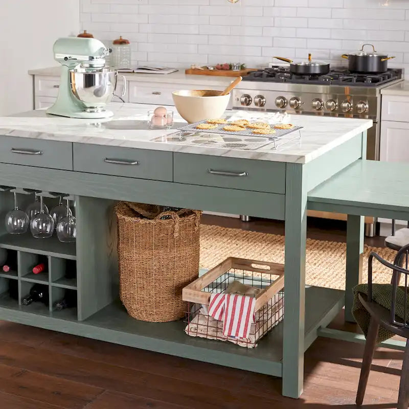 Îlot de cuisine en bois de ferme multi-rangements avec plateau en faux marbre