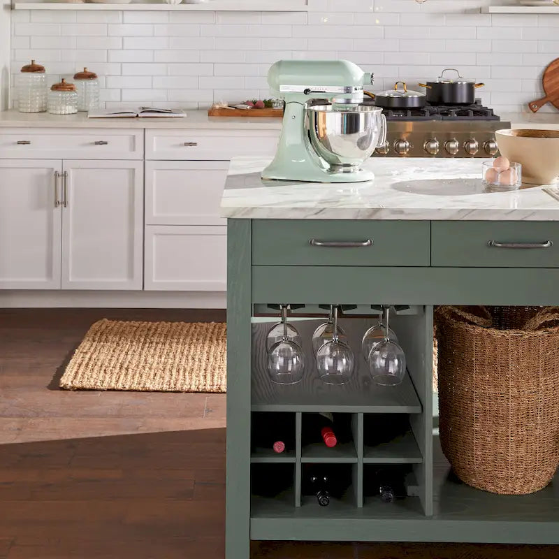 Îlot de cuisine en bois de ferme multi-rangements avec plateau en faux marbre