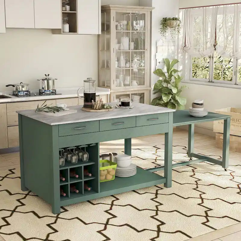 Îlot de cuisine en bois de ferme multi-rangements avec plateau en faux marbre