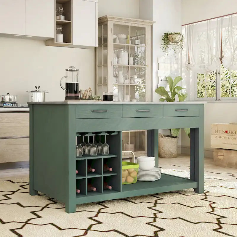 Îlot de cuisine en bois de ferme multi-rangements avec plateau en faux marbre