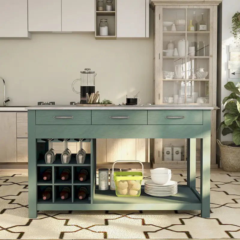 Îlot de cuisine en bois de ferme multi-rangements avec plateau en faux marbre
