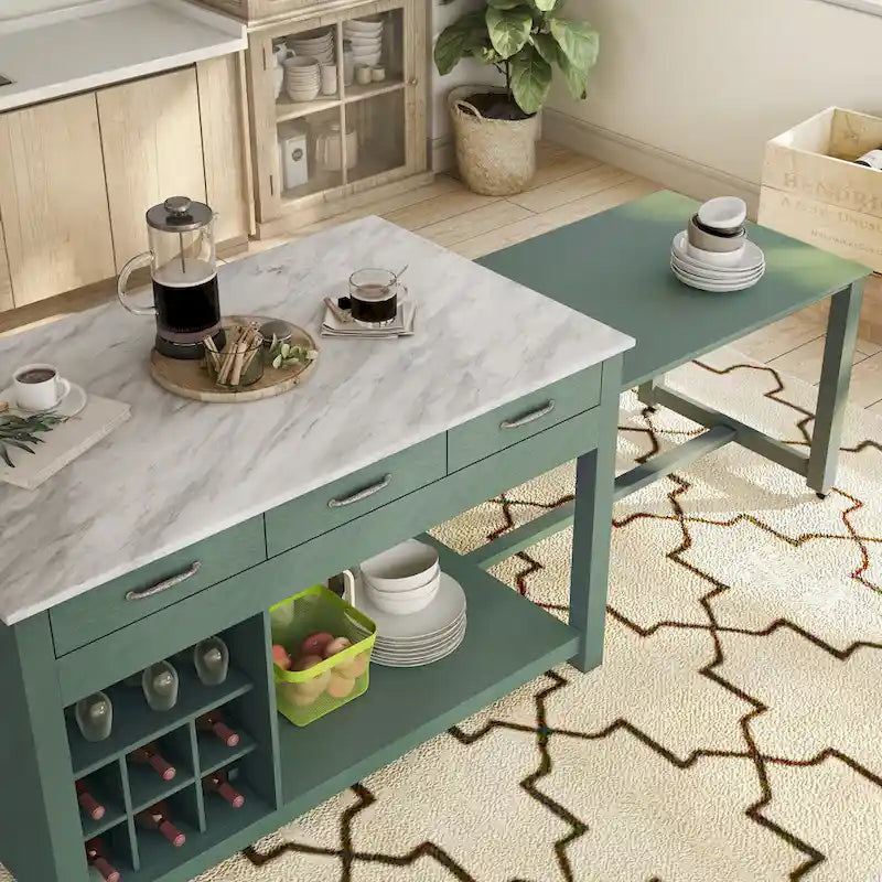 Îlot de cuisine en bois de ferme multi-rangements avec plateau en faux marbre