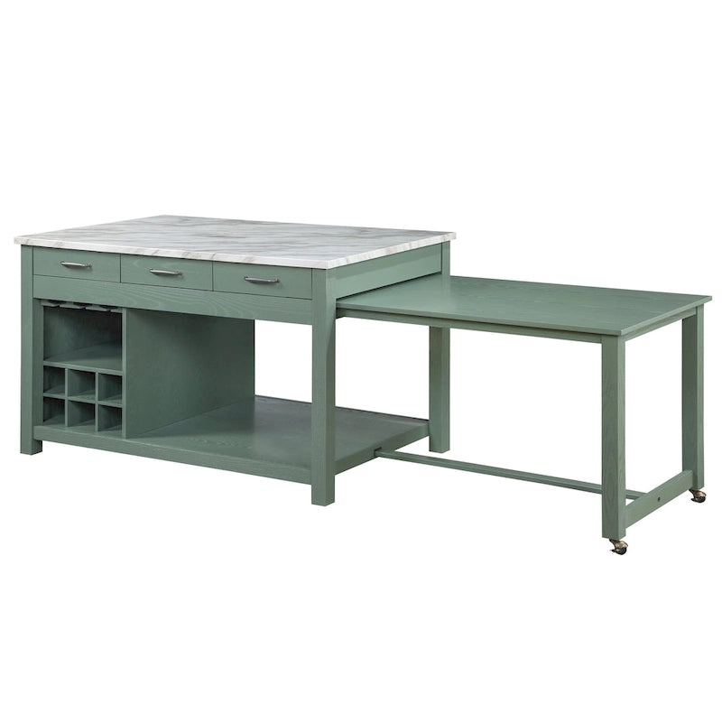 Îlot de cuisine en bois de ferme multi-rangements avec plateau en faux marbre