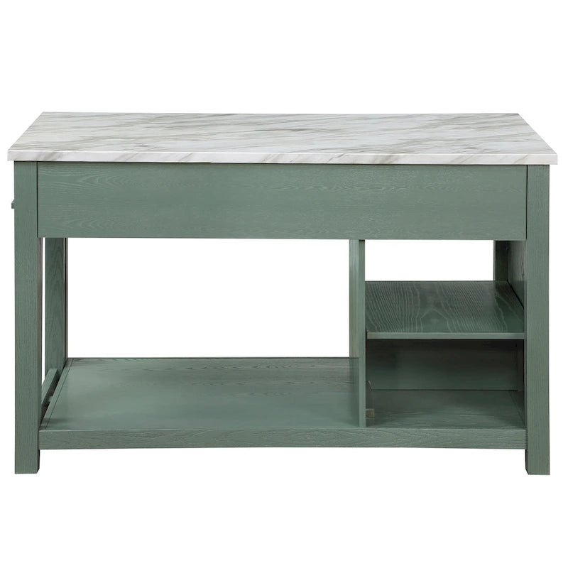 Îlot de cuisine en bois de ferme multi-rangements avec plateau en faux marbre
