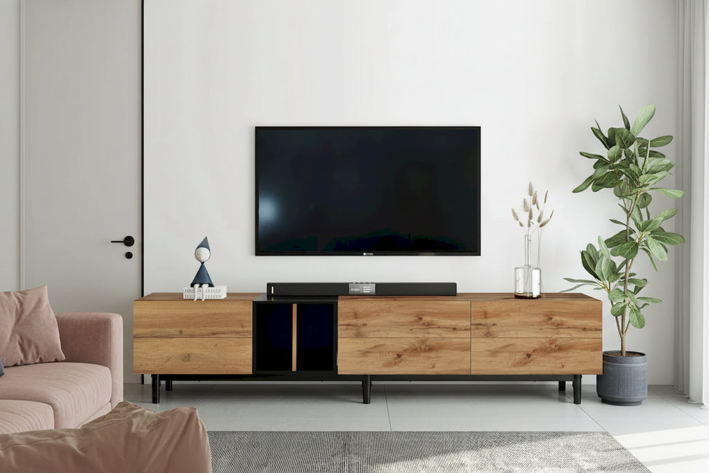 Meuble TV moderne pour téléviseur 80 pouces avec 3 portes, console multimédia, meuble de rangement avec grand placard pour salon