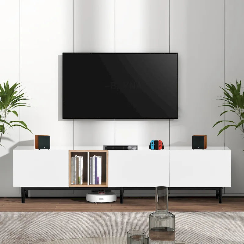 Meuble TV moderne pour téléviseur 80 pouces avec 3 portes, console multimédia, meuble de rangement avec grand placard pour salon