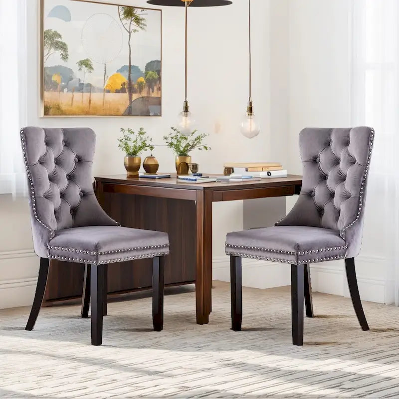 Ensemble de 2 chaises de salle à manger, chaise d'appoint rembourrée sans accoudoirs avec dossier capitonné, anneau de tirage et clous décoratifs