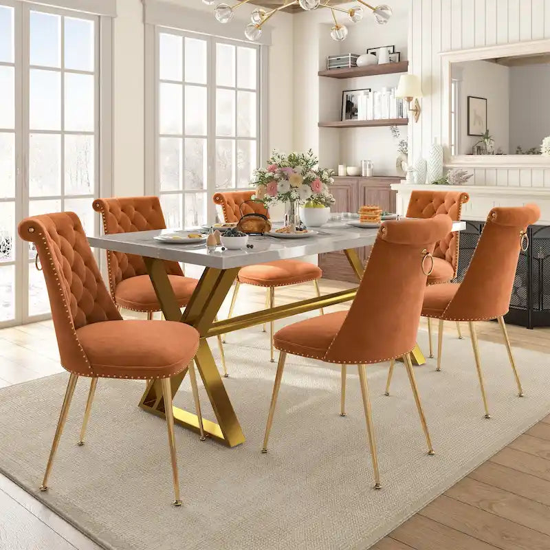 Ensemble de salle à manger 7 pièces en marbre avec chaises en velours