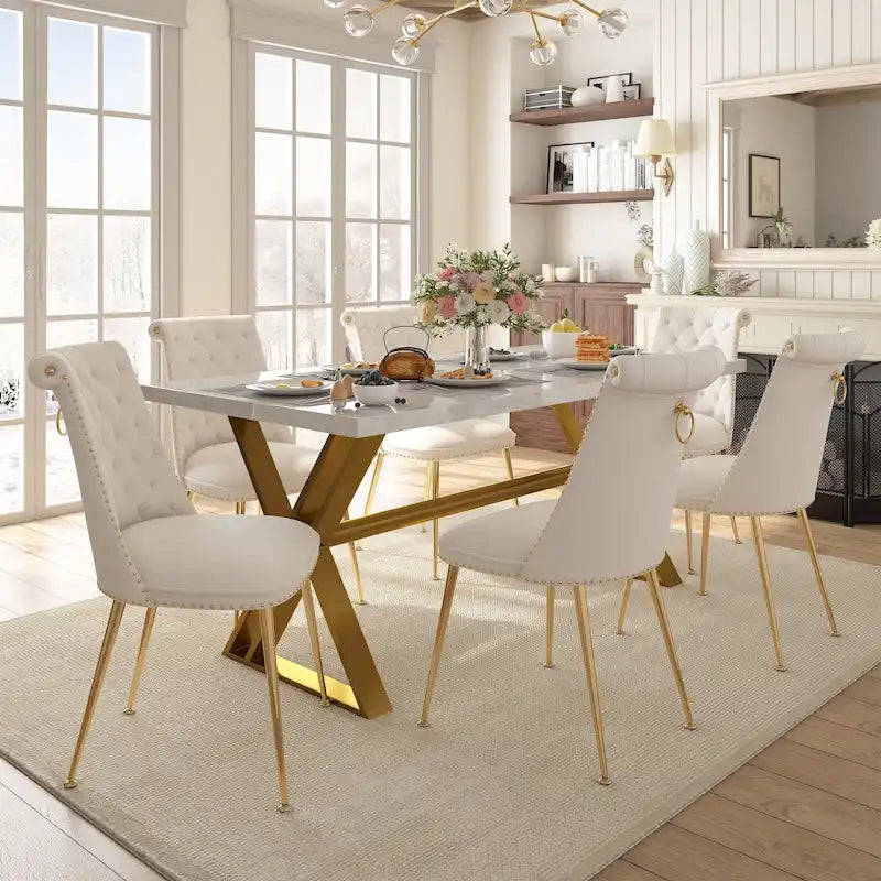Ensemble de salle à manger 7 pièces en marbre avec chaises en velours
