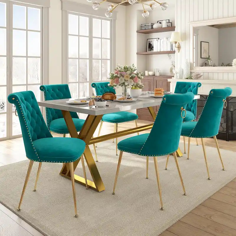 Ensemble de salle à manger 7 pièces en marbre avec chaises en velours