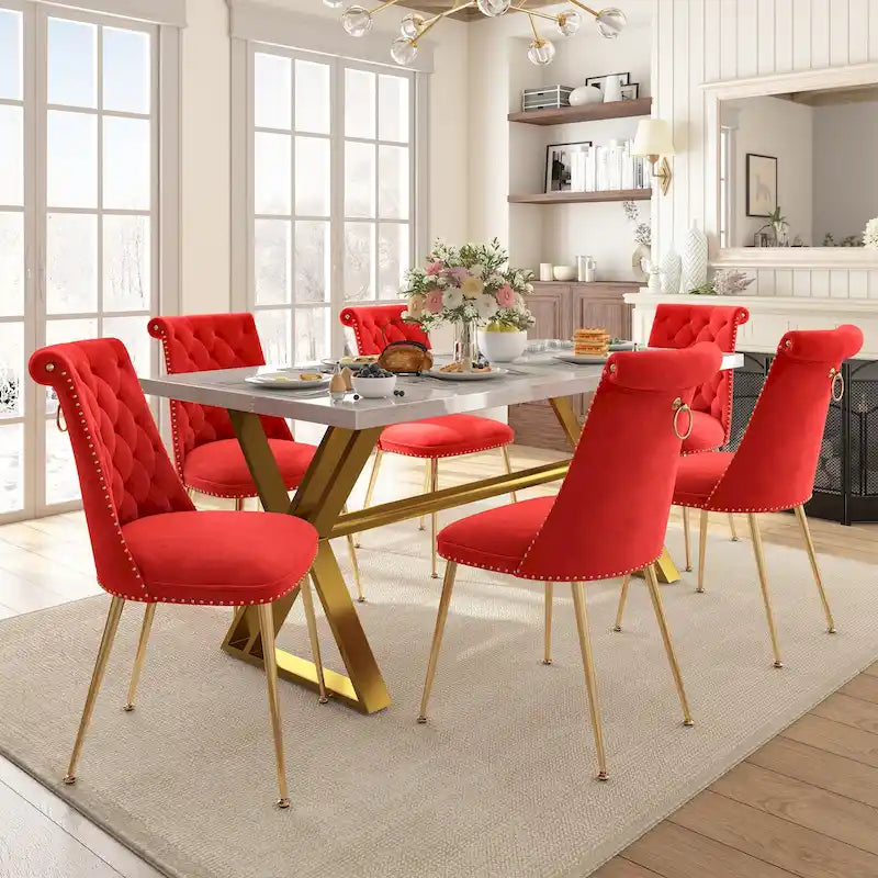 Ensemble de salle à manger 7 pièces en marbre avec chaises en velours