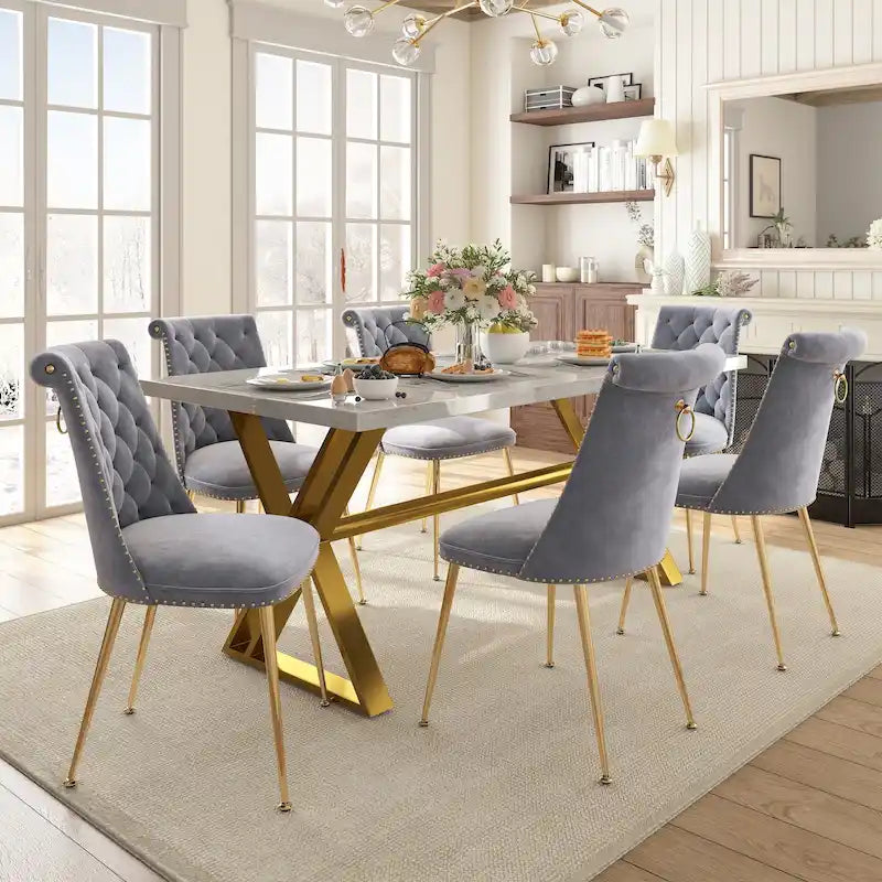 Ensemble de salle à manger 7 pièces en marbre avec chaises en velours