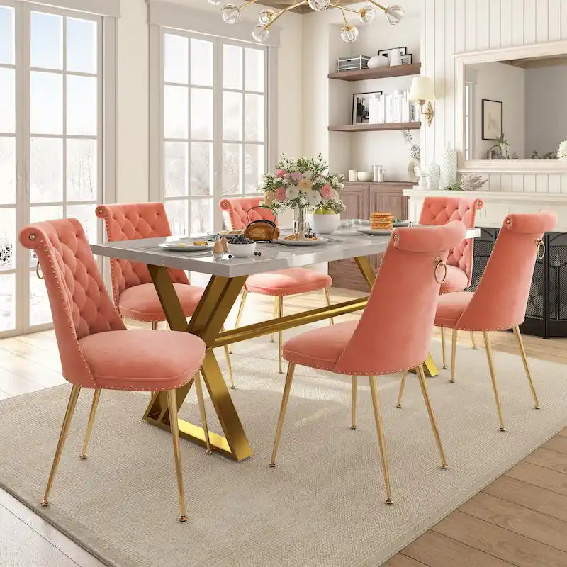 Ensemble de salle à manger 7 pièces en marbre avec chaises en velours