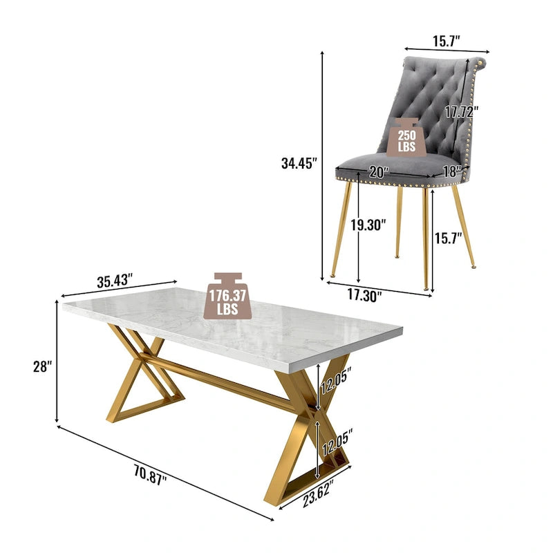 Ensemble de salle à manger 7 pièces en marbre avec chaises en velours