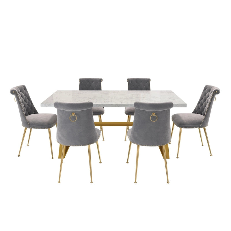 Ensemble de salle à manger 7 pièces en marbre avec chaises en velours