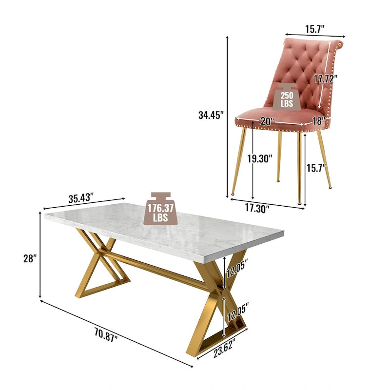 Ensemble de salle à manger 7 pièces en marbre avec chaises en velours