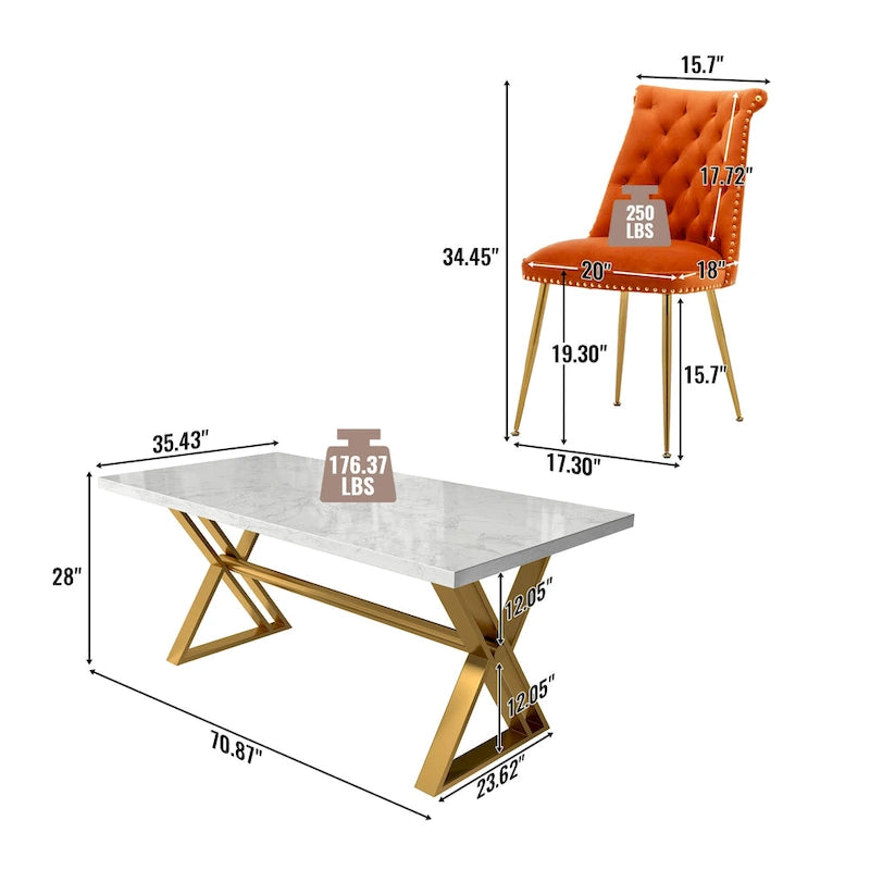 Ensemble de salle à manger 7 pièces en marbre avec chaises en velours