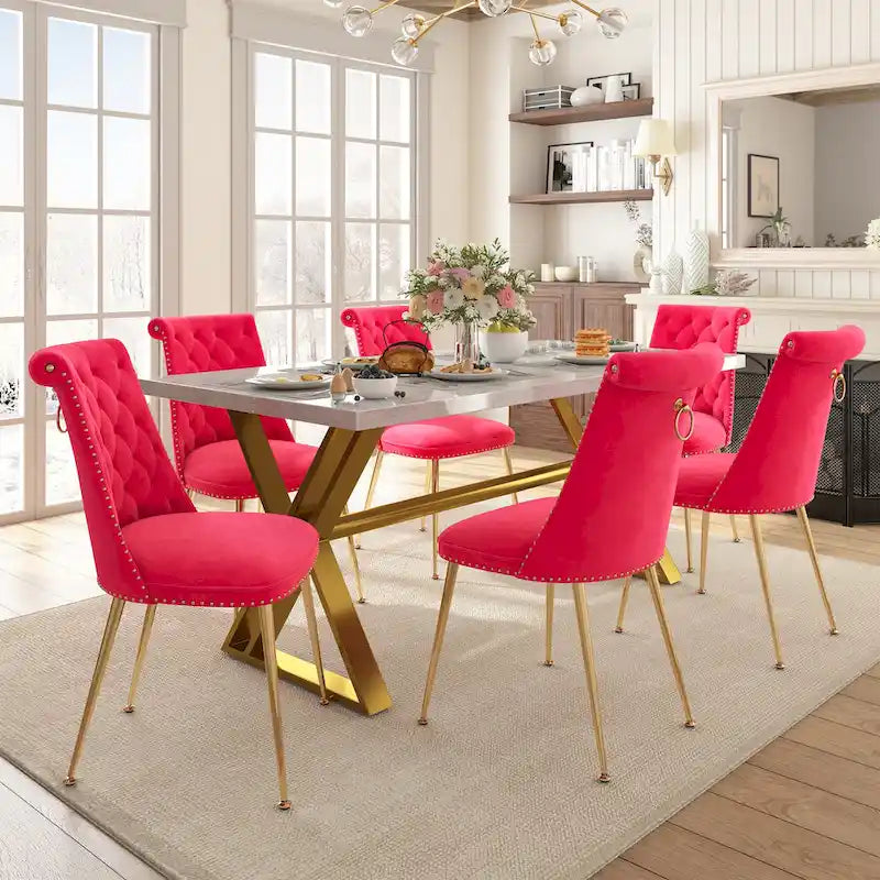 Ensemble de salle à manger 7 pièces en marbre avec chaises en velours