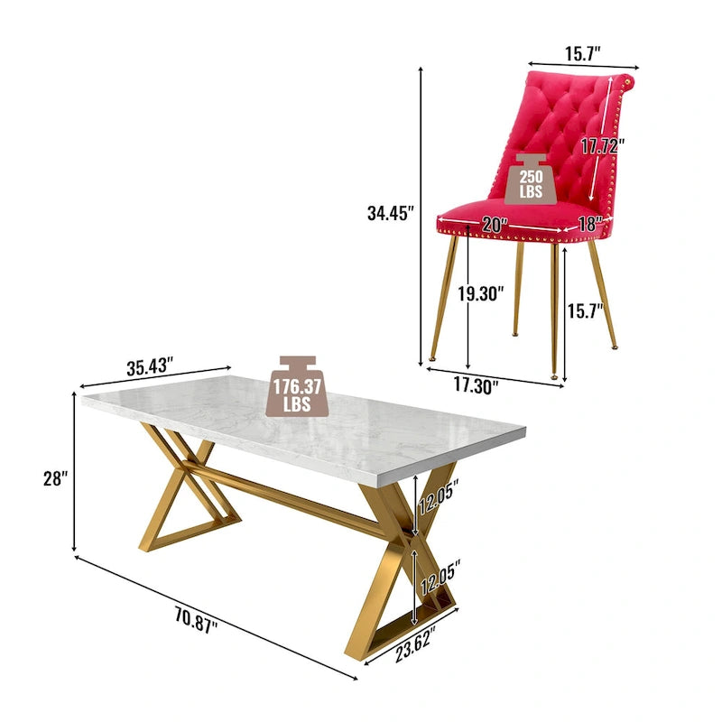 Ensemble de salle à manger 7 pièces en marbre avec chaises en velours