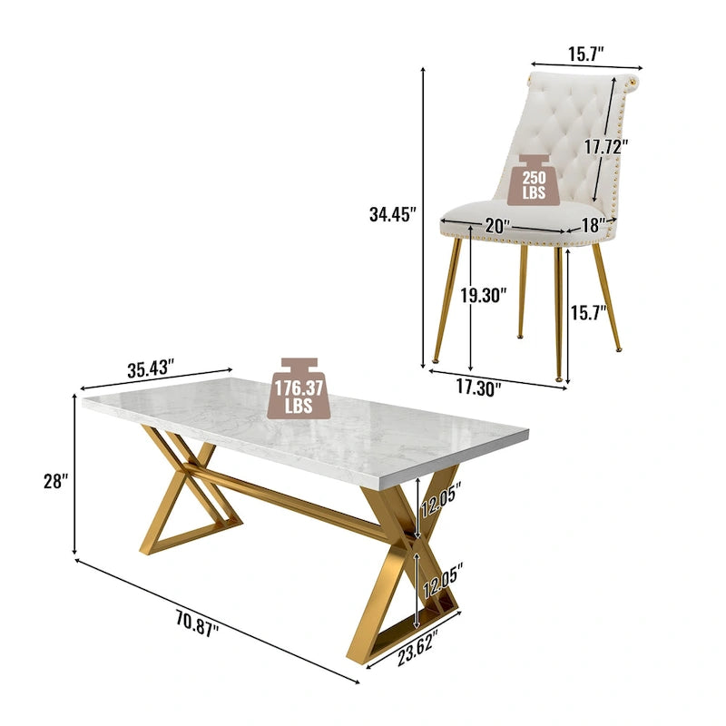 Ensemble de salle à manger 7 pièces en marbre avec chaises en velours