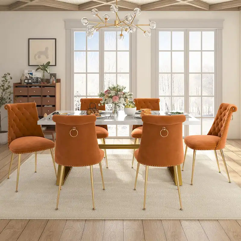 Ensemble de salle à manger 7 pièces en marbre avec chaises en velours