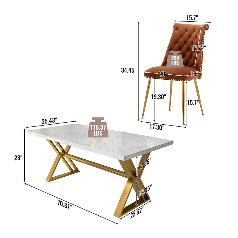 Ensemble de salle à manger 7 pièces en marbre avec chaises en velours
