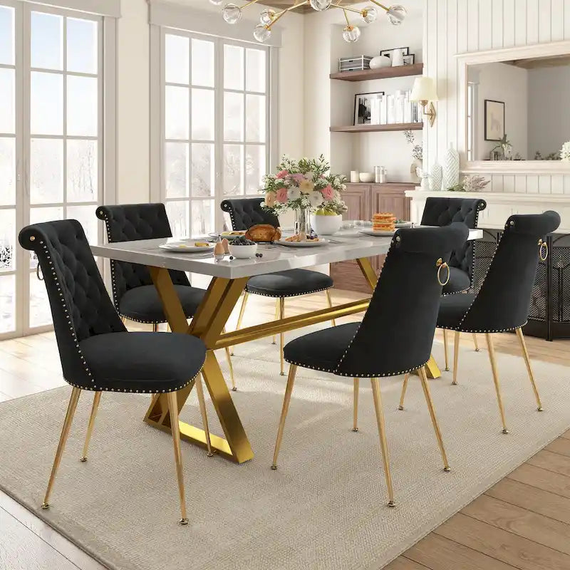Ensemble de salle à manger 7 pièces en marbre avec chaises en velours