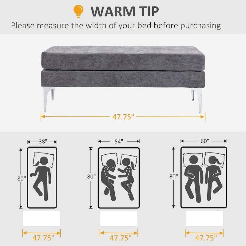 Banc de bout de lit rembourré de 48 pouces avec coussins à double couche et pieds en acier