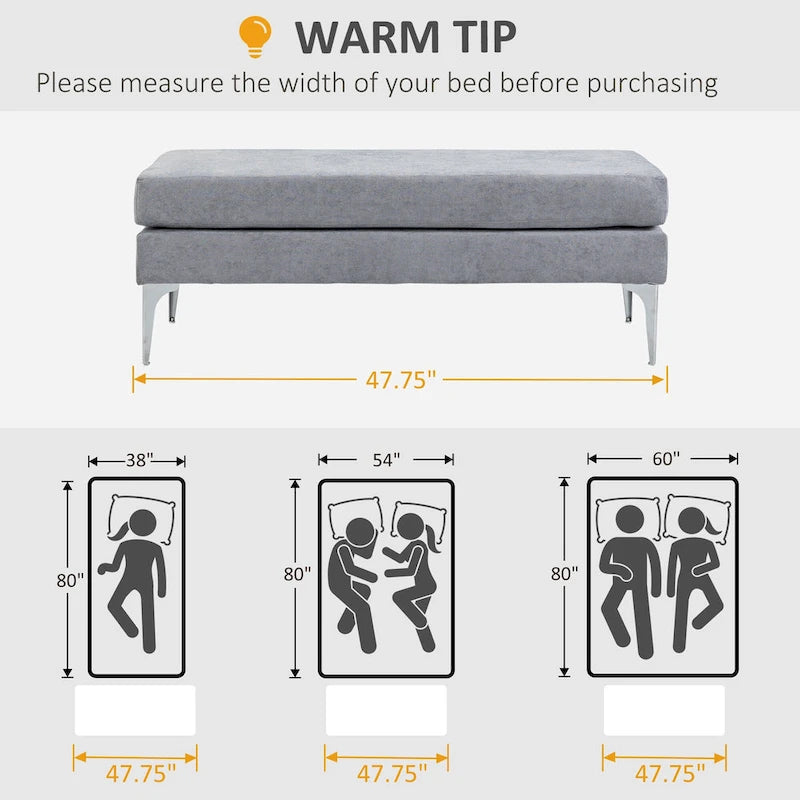 Banc de bout de lit rembourré de 48 pouces avec coussins à double couche et pieds en acier