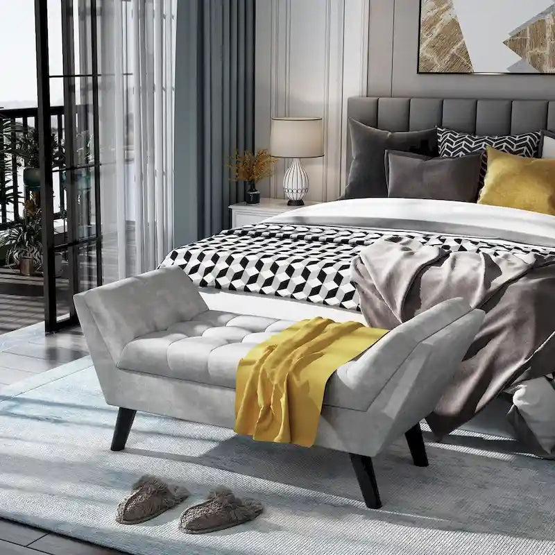 Banc de bout de lit - Pouf moderne en tissu avec pieds en bois