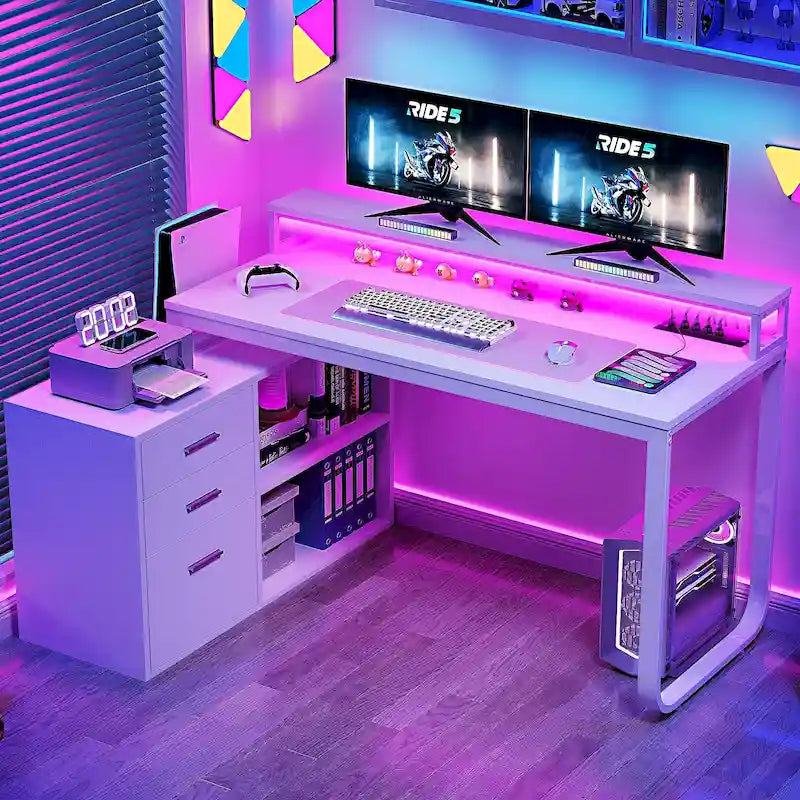 Bureau de jeu en forme de L de 55 pouces avec prises de courant et lumières LED, bureau d'angle pour ordinateur avec meuble de classement et support d'écran