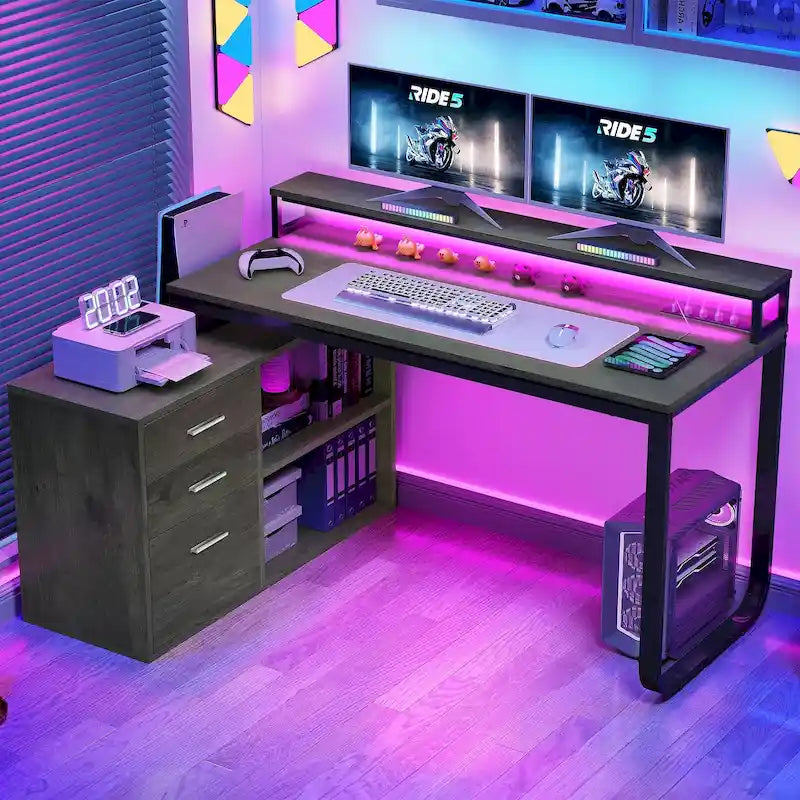 Bureau de jeu en forme de L de 55 pouces avec prises de courant et lumières LED, bureau d'angle pour ordinateur avec meuble de classement et support d'écran