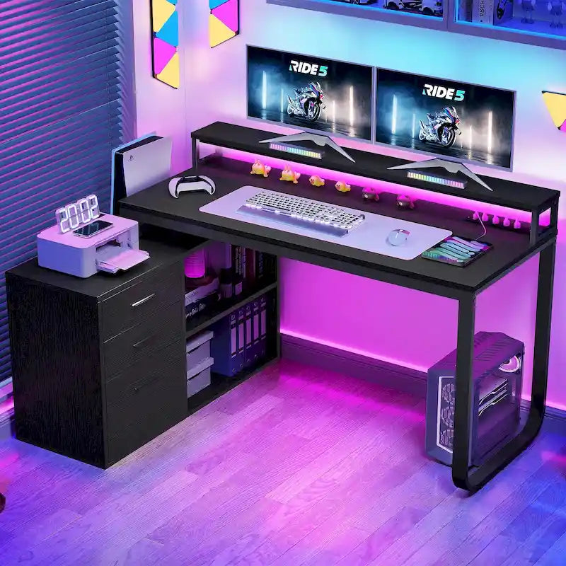 Bureau de jeu en forme de L de 55 pouces avec prises de courant et lumières LED, bureau d'angle pour ordinateur avec meuble de classement et support d'écran