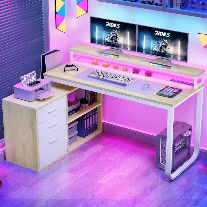 Bureau de jeu en forme de L de 55 pouces avec prises de courant et lumières LED, bureau d'angle pour ordinateur avec meuble de classement et support d'écran