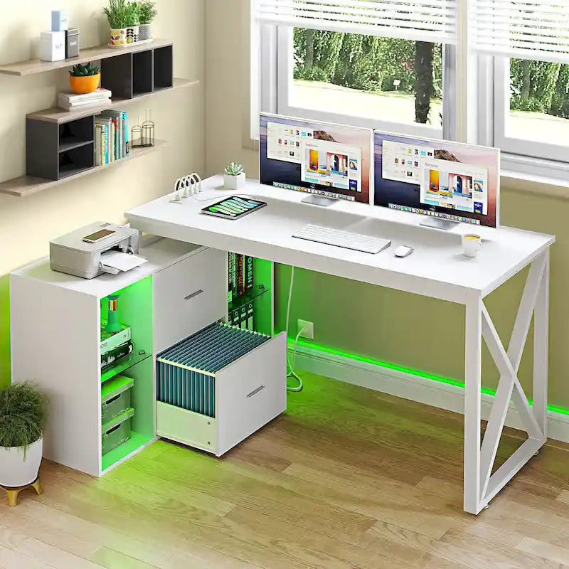 Bureau de jeu en forme de L de 55 pouces avec prises de courant et lumières LED, bureau d'angle pour ordinateur avec meuble de classement et support d'écran