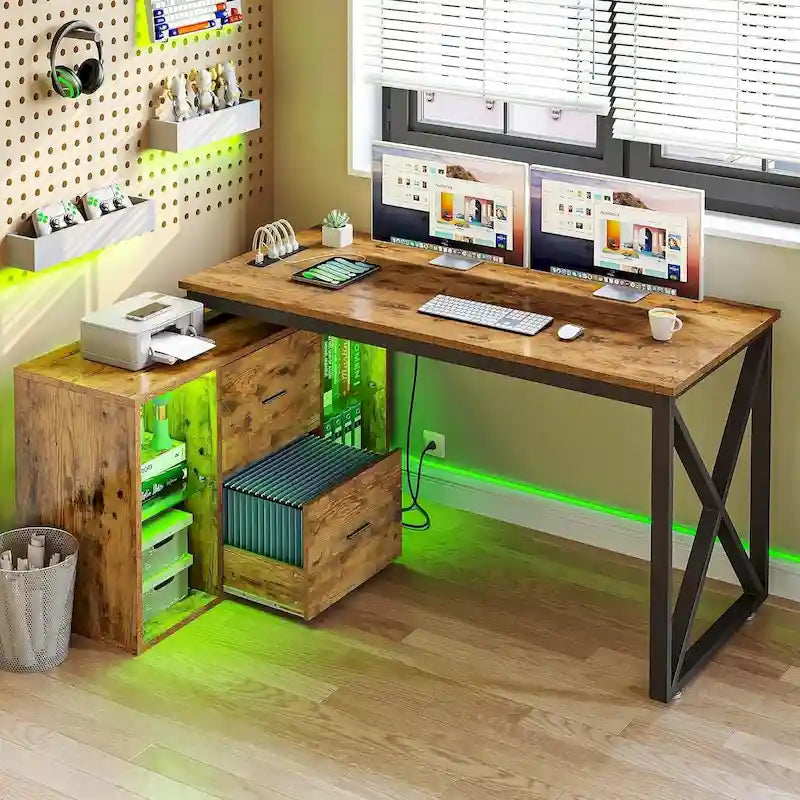 Bureau de jeu en forme de L de 55 pouces avec prises de courant et lumières LED, bureau d'angle pour ordinateur avec meuble de classement et support d'écran