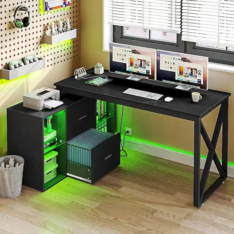 Bureau de jeu en forme de L de 55 pouces avec prises de courant et lumières LED, bureau d'angle pour ordinateur avec meuble de classement et support d'écran