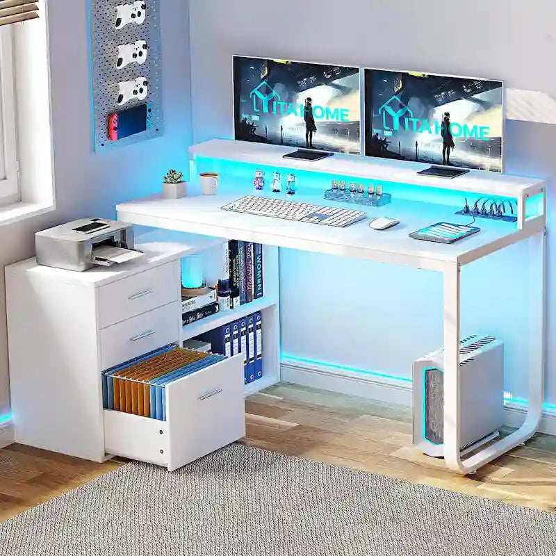 Bureau de jeu en forme de L de 55 pouces avec prises de courant et lumières LED, bureau d'angle pour ordinateur avec meuble de classement et support d'écran